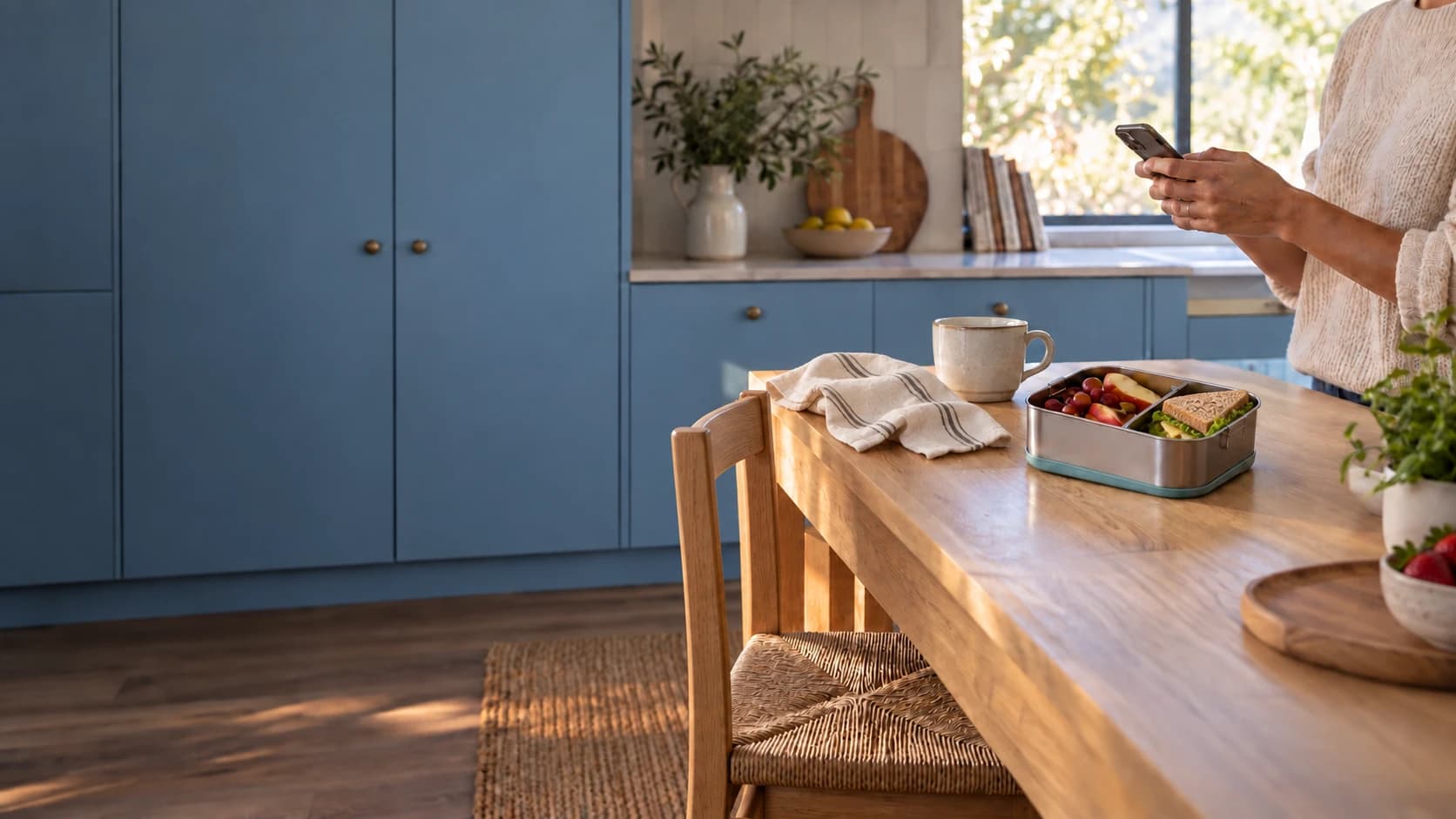 A quiet breakfast moment: an adult uses a phone beside a packed lunchbox in a blue kitchen