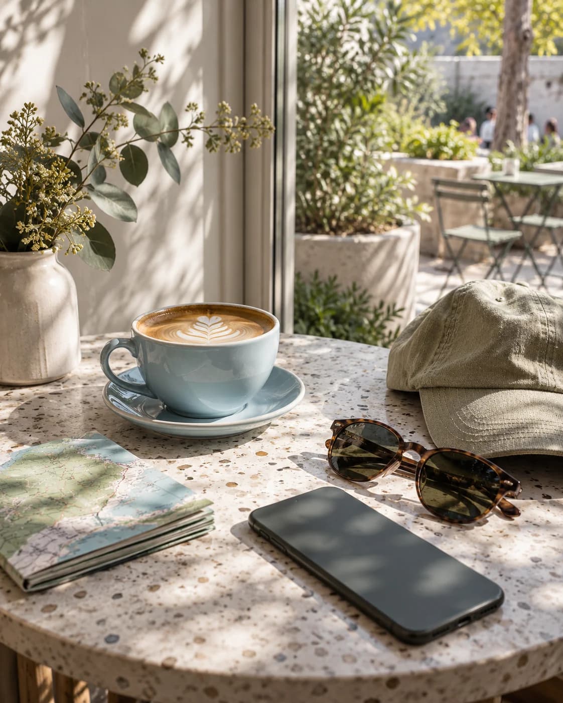 Coffee, a walking map and sunglasses ready for a weekend outing