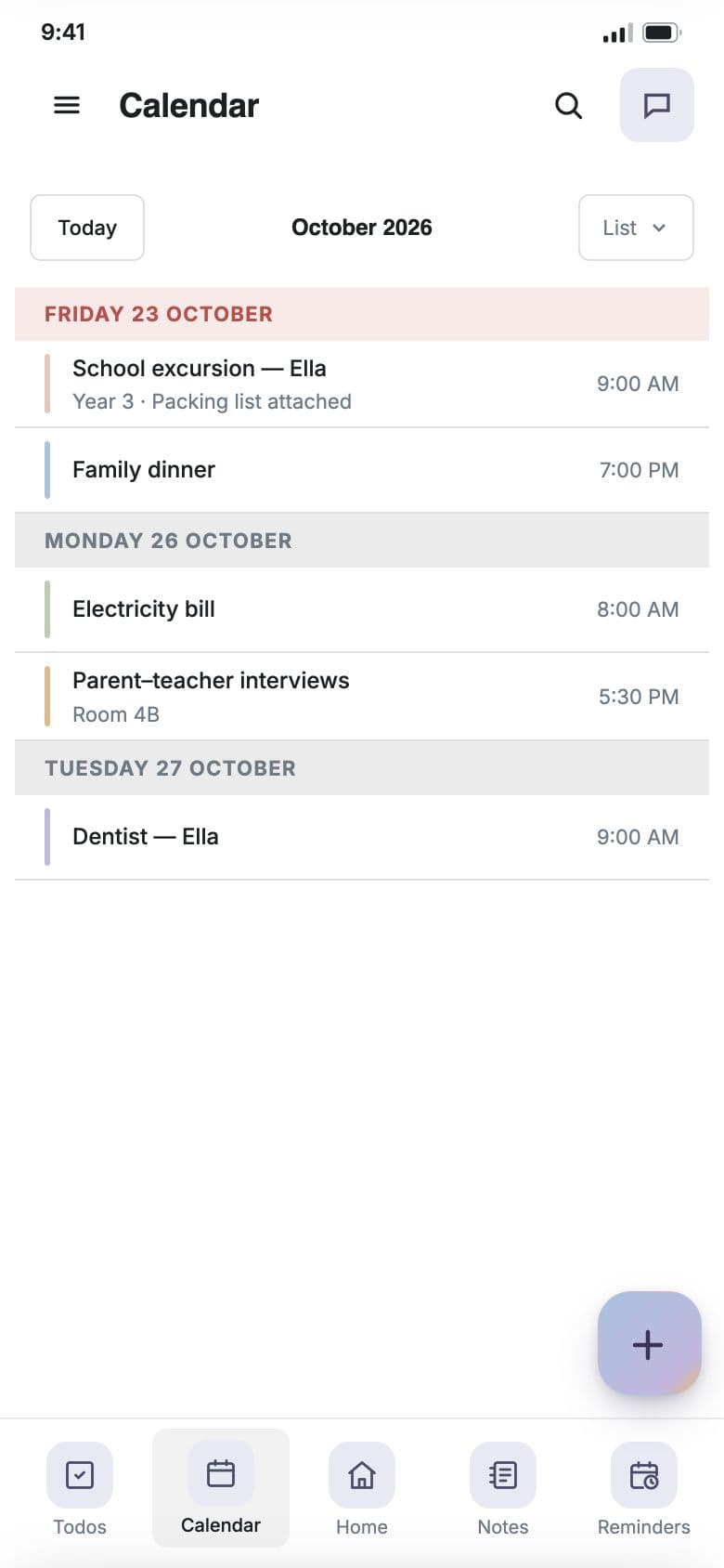 KinLife calendar showing Ella’s school excursion on Friday 23 October at 9 am, with a packing list attached, alongside the family’s other events.