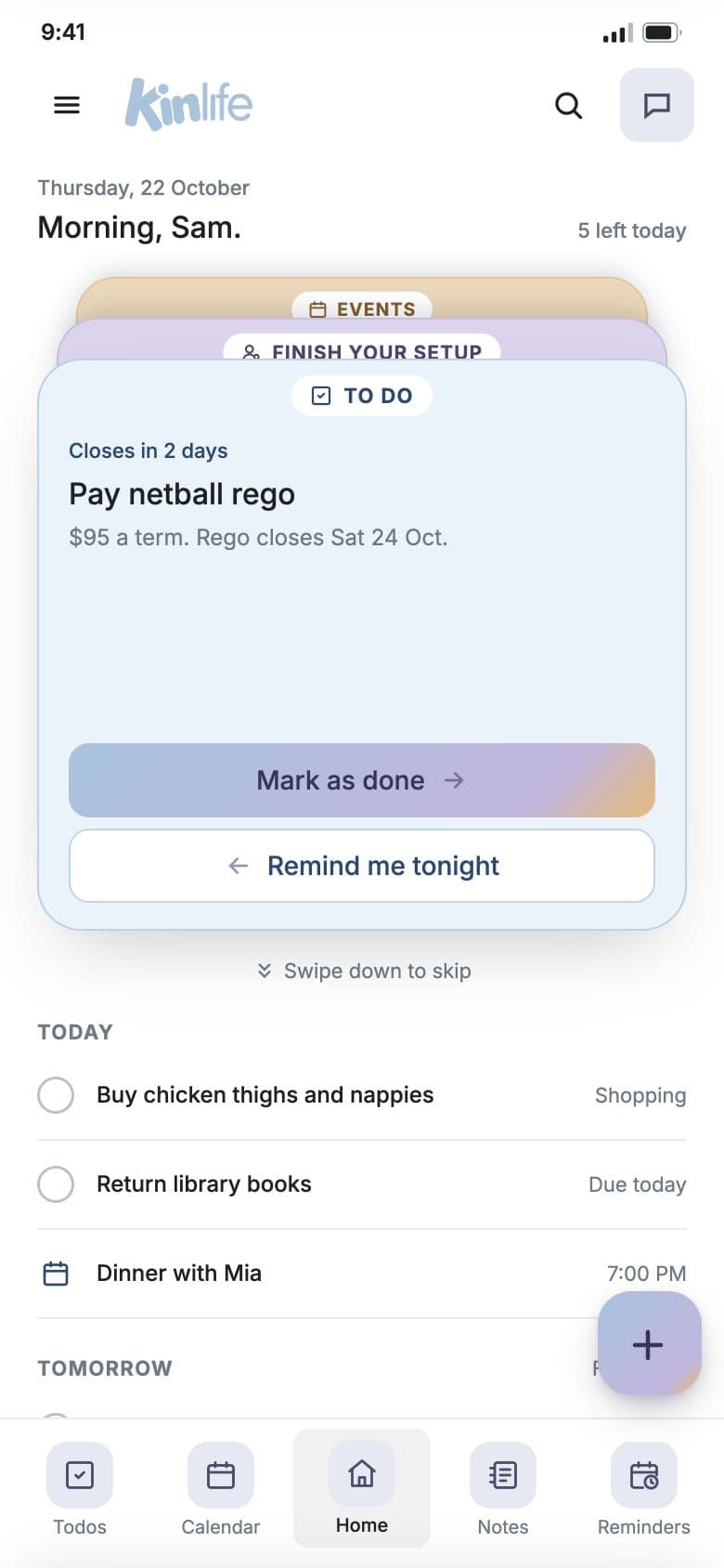 KinLife home screen with stacked swipe cards and today’s family plans