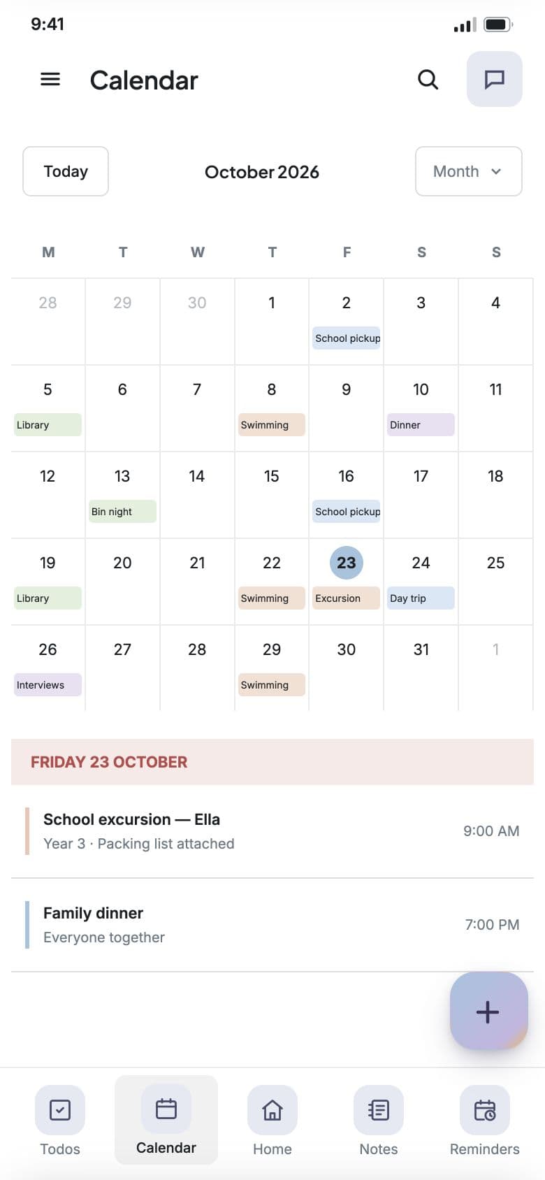 Illustrative KinLife monthly calendar with colour-coded family events