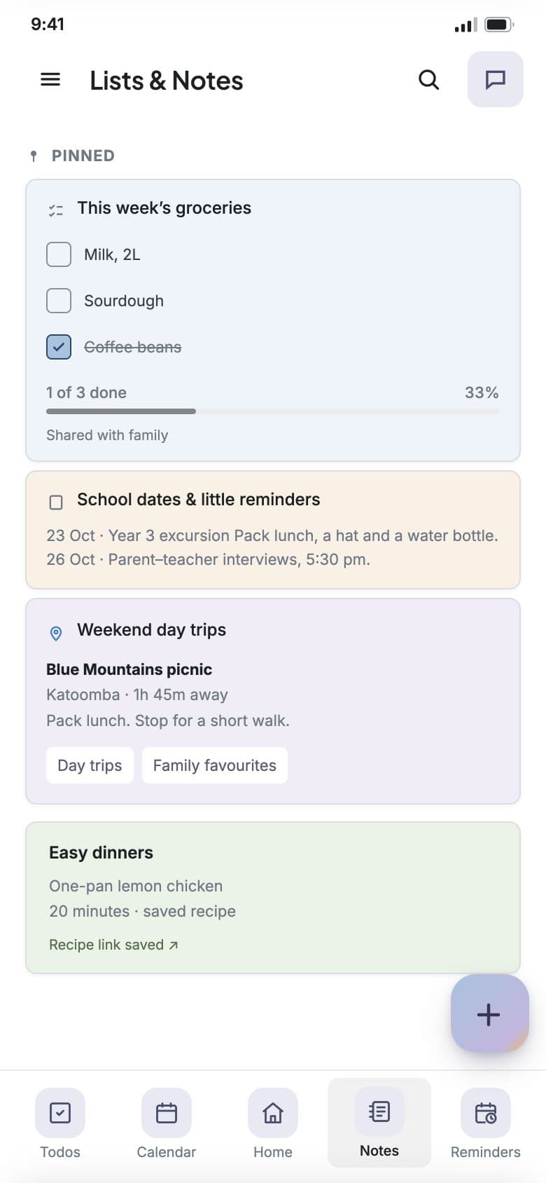 KinLife Lists and Notes with a shared grocery checklist, school reminders, tagged day trips and a saved dinner recipe