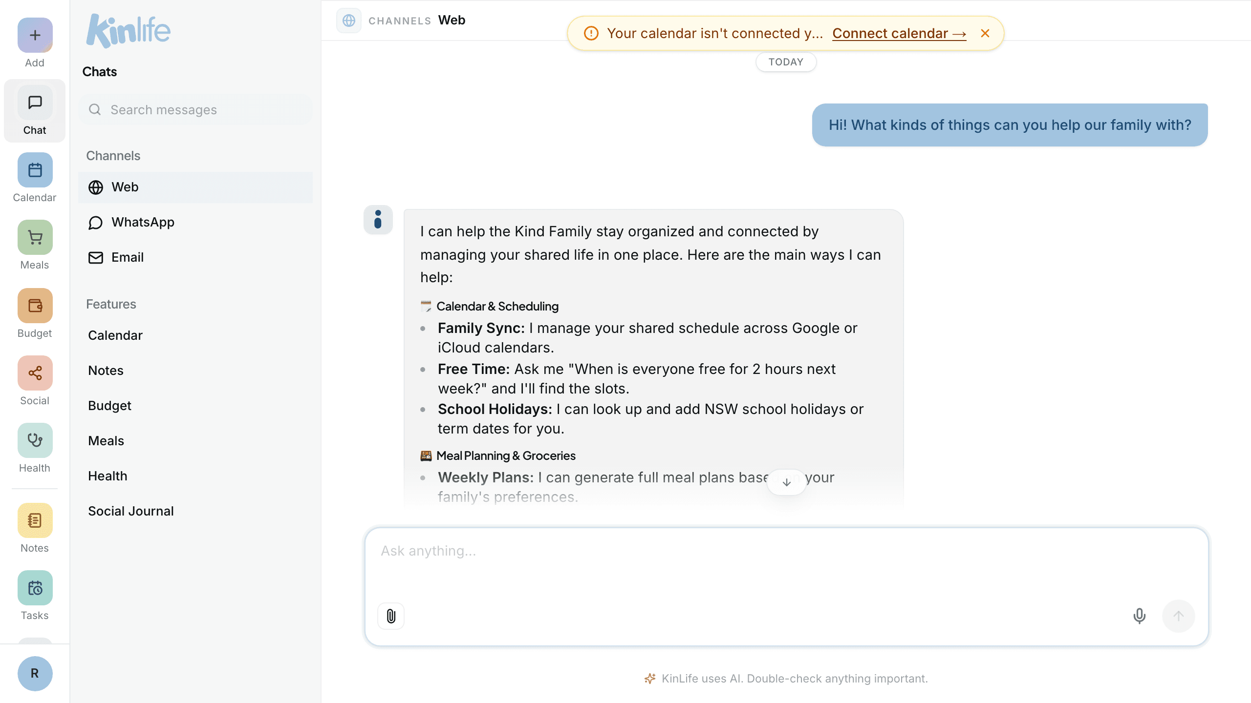 The Chat screen: channel and feature threads on the left, the conversation in the middle, and a composer with attach and voice buttons.