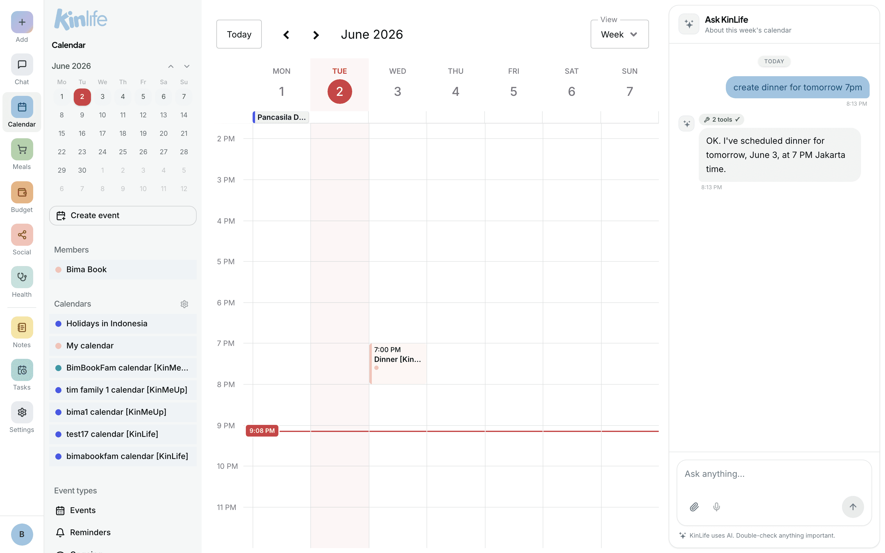 The family calendar after connecting: everyone's events overlaid and colour-coded by member, with the assistant panel alongside.