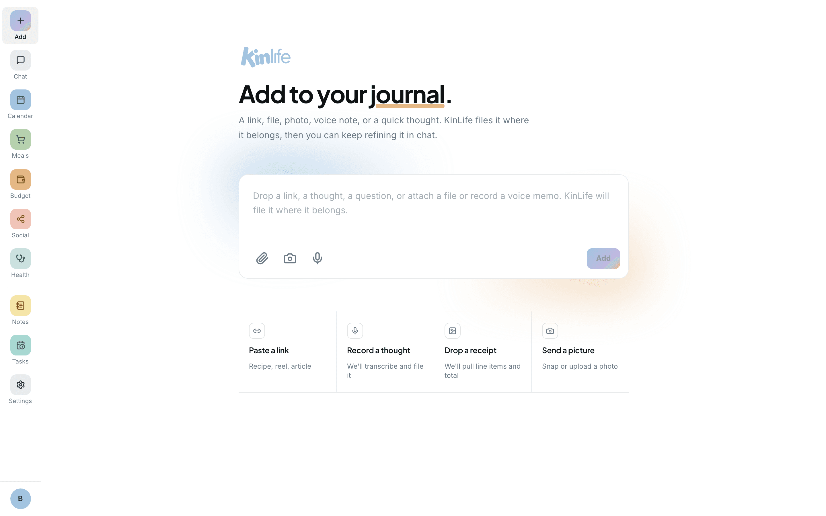 The Add page: one box to drop a link, file, photo, voice note, or thought, with quick-start tiles for common captures.