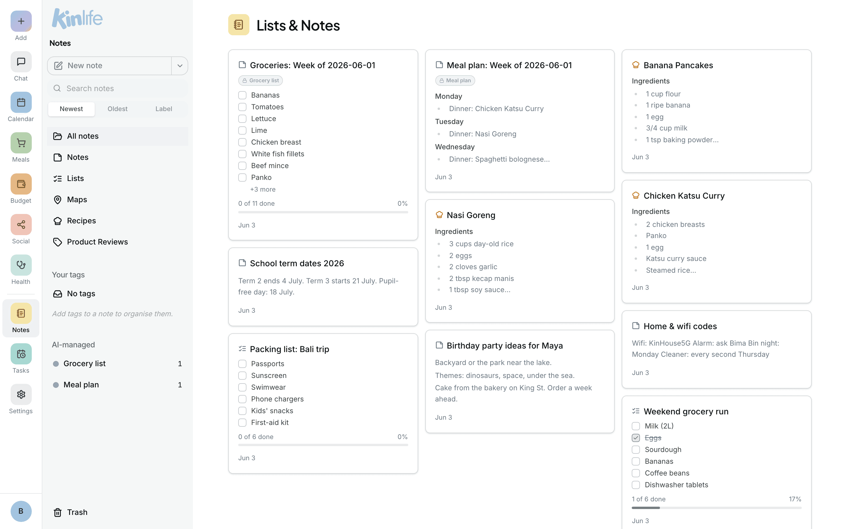The Notes view: a masonry grid of notes and lists with a tag sidebar and full-text search.