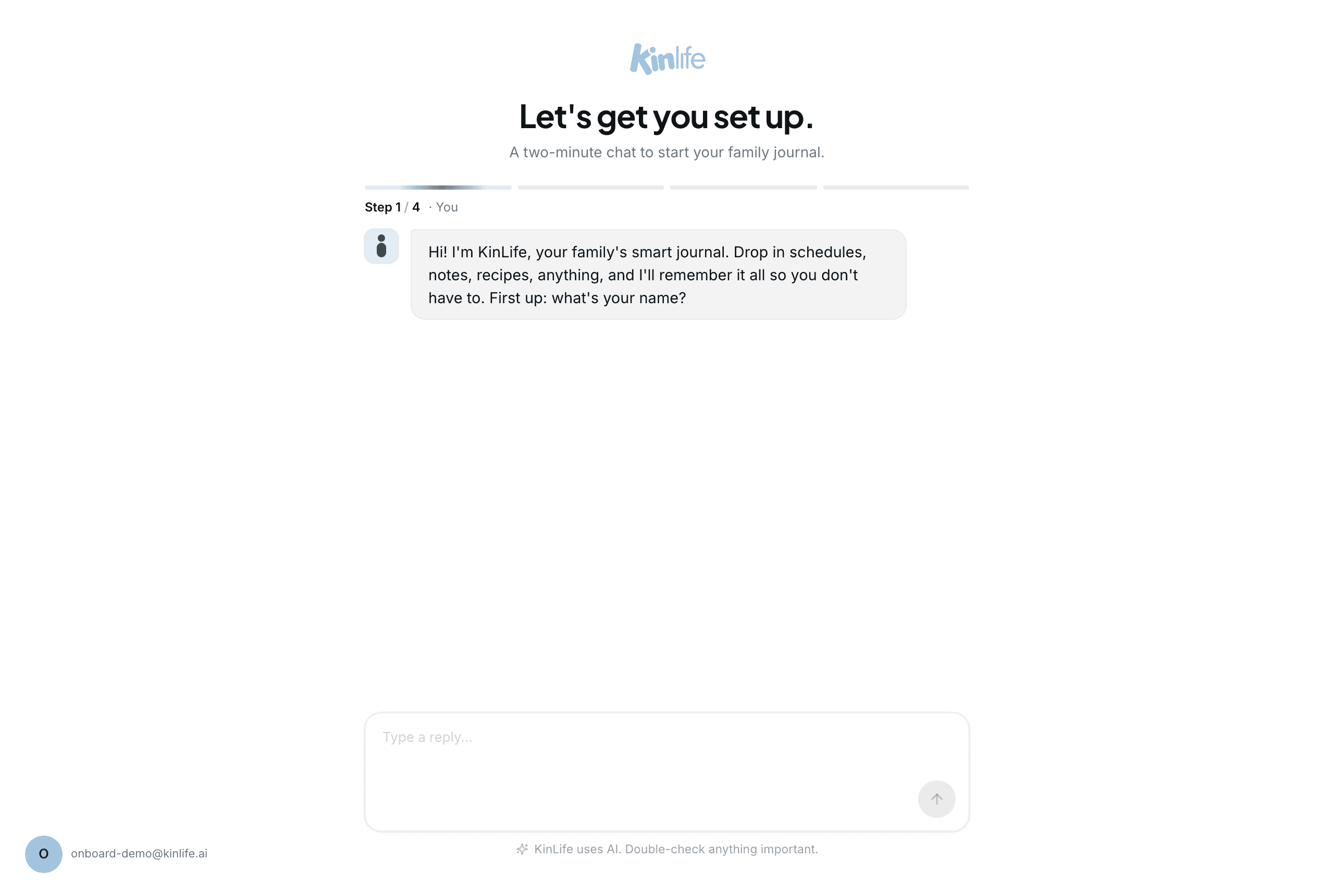 The onboarding chat opens with a friendly greeting and asks your name. The four-step progress bar sits up top.
