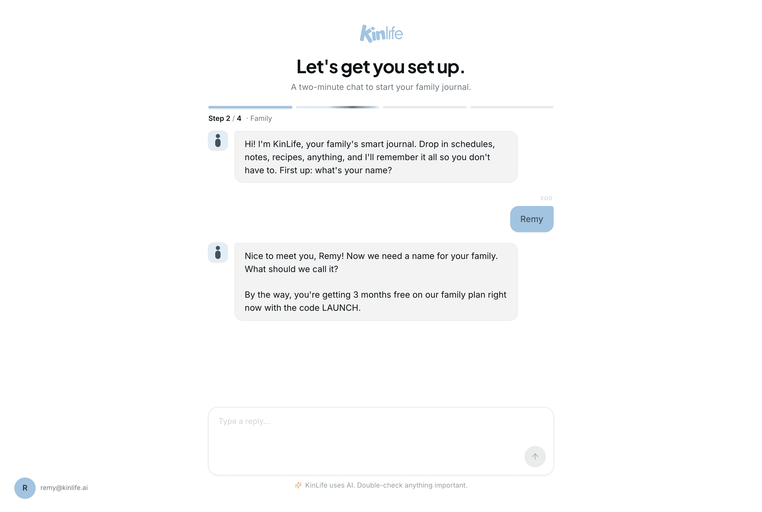 After you share your name, KinLife asks what to call your family and mentions that the Family plan is free during the launch period with the LAUNCH code.