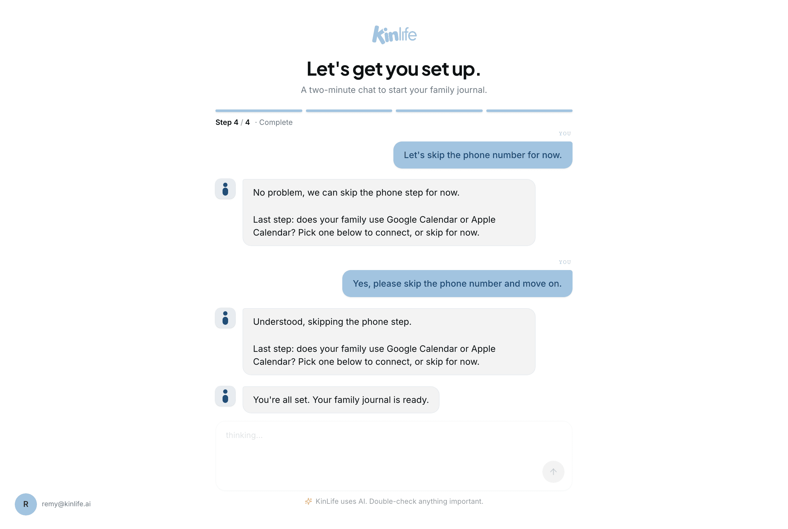 The closing message: 'You're all set. Your family journal is ready.' before KinLife opens your dashboard.